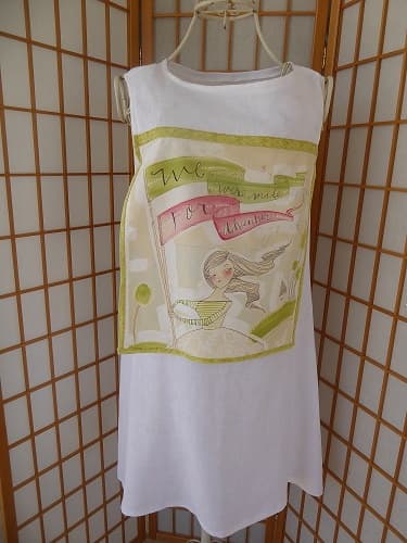White linen tunic "We were made for adventure" panel $110.00