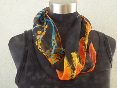 Black and orange multi coloured silk infinity scarf - $15.00